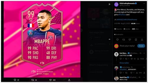 FUTTIES Kylian Mbappe has been leaked. (Image via Twitter/FIFATradingRomania)