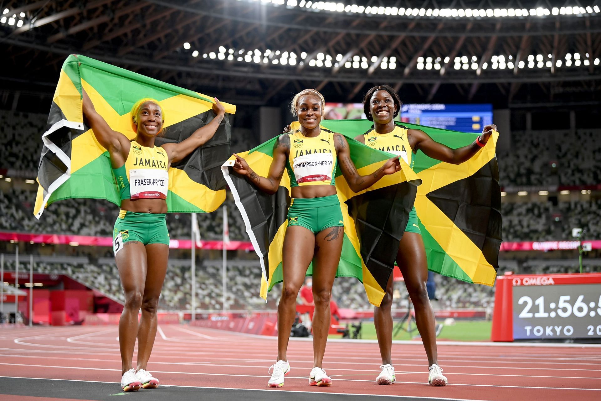 Shelly-Ann Fraser-Pryce, Elaine Thompson-Herah, and Shericka Jackson after winning in the women&#039;s 100m in the 2020 Tokyo Olympics in 2021 in Japan