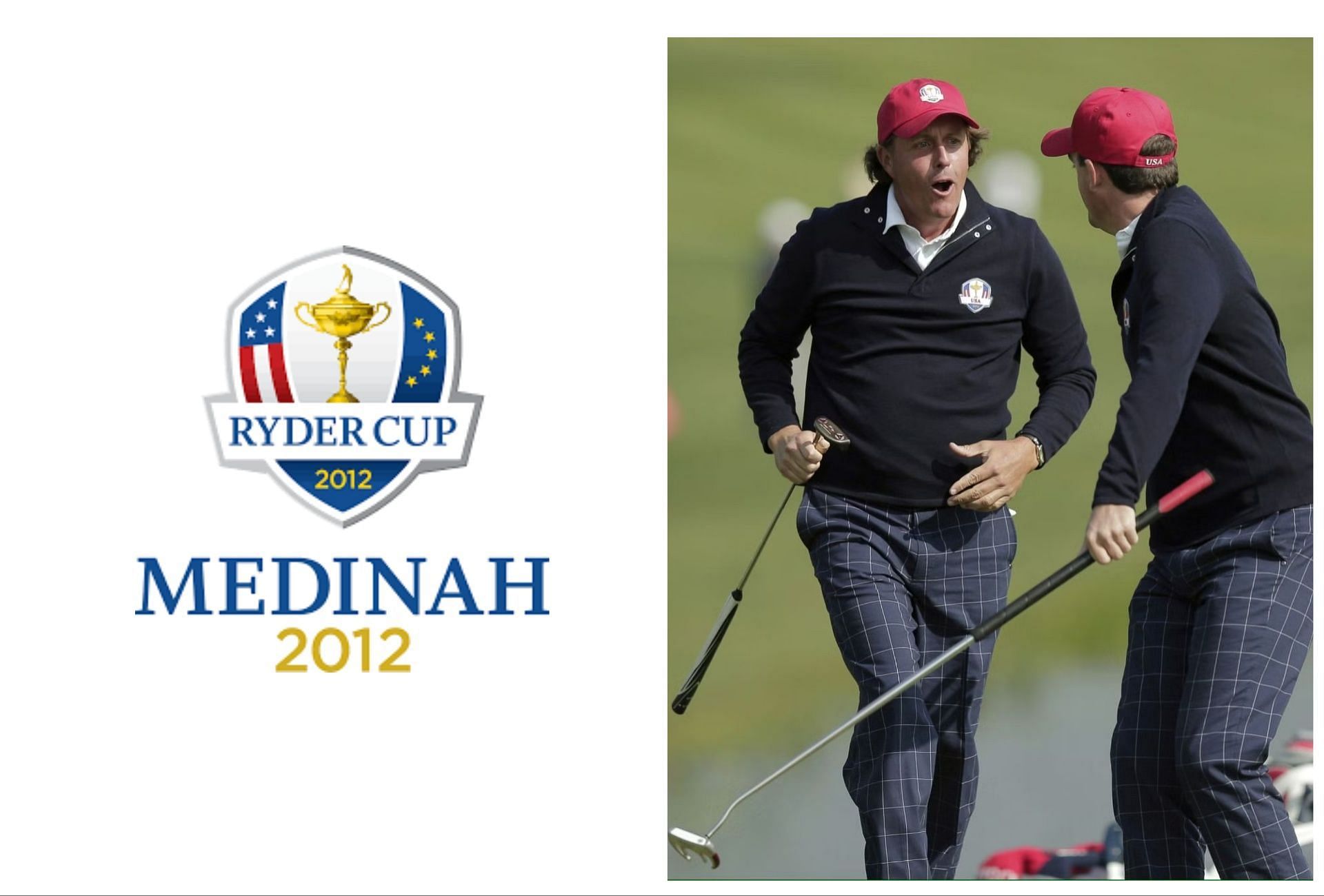 Phil Mickelson winning a hole in Ryder Cup 2012. The logo of Ryder Cup 2012.