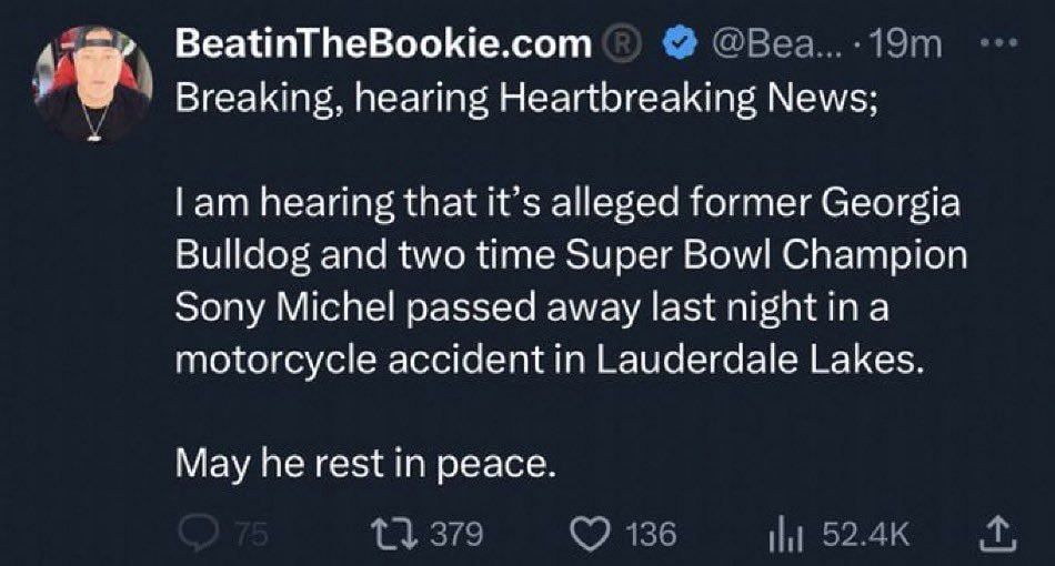 The X post erroneously declaring Sony Michel&#039;s &quot;death&quot; - via @BeantownUS