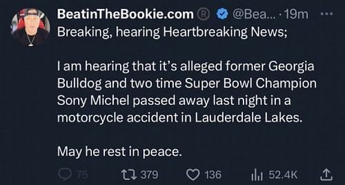 The X post erroneously declaring Sony Michel's "death" - via @BeantownUS