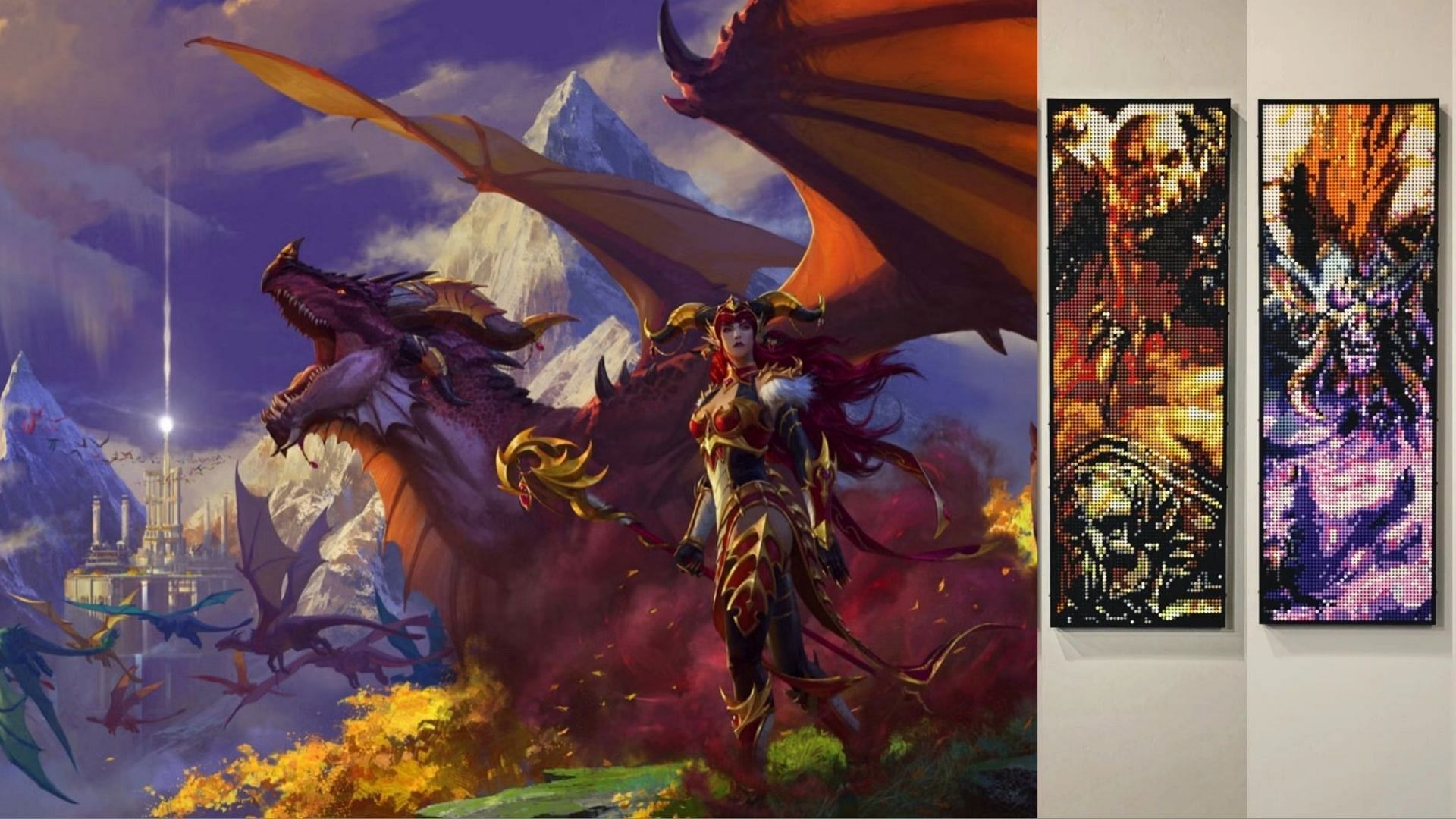 A dragon and a World of Warcraft character on the left and LEGO mosaics on the right.
