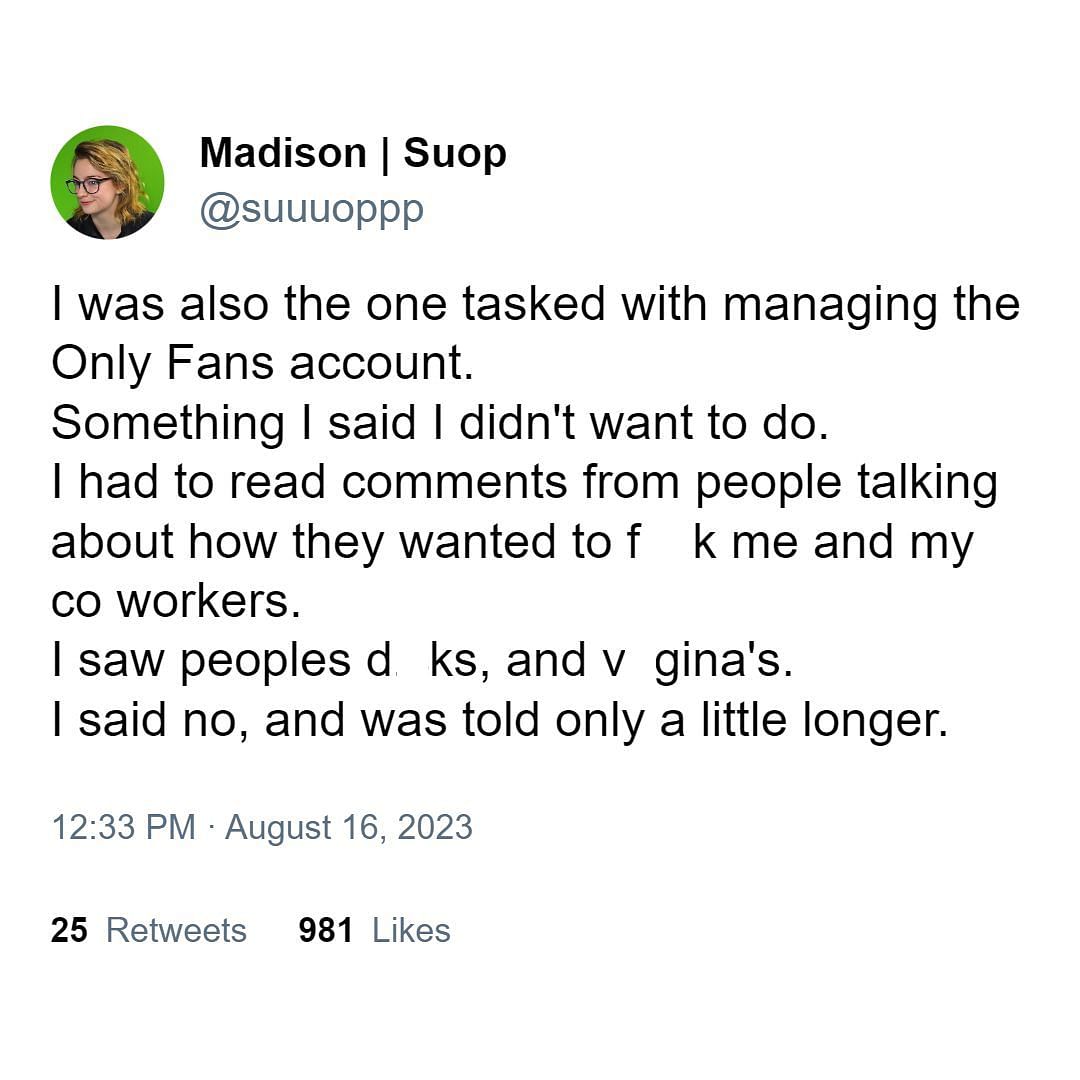 Madison claims to have been forced to run an OnlyFans account (Image via Twitter)