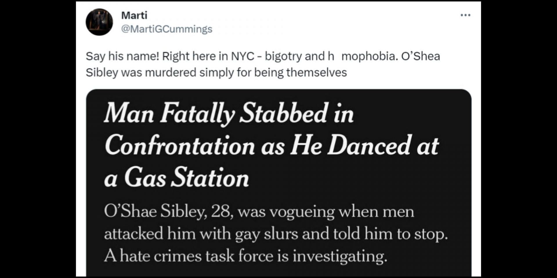 Internet erupts in outrage and calls Sibley&#039;s death a hate crime. (Image via Twitter/@MartiGCummings)