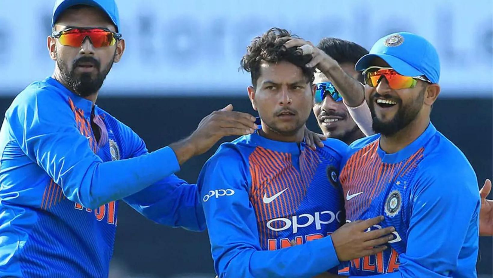 Kuldeep Yadav (C) celebrating a wicket against Ireland in 2018.