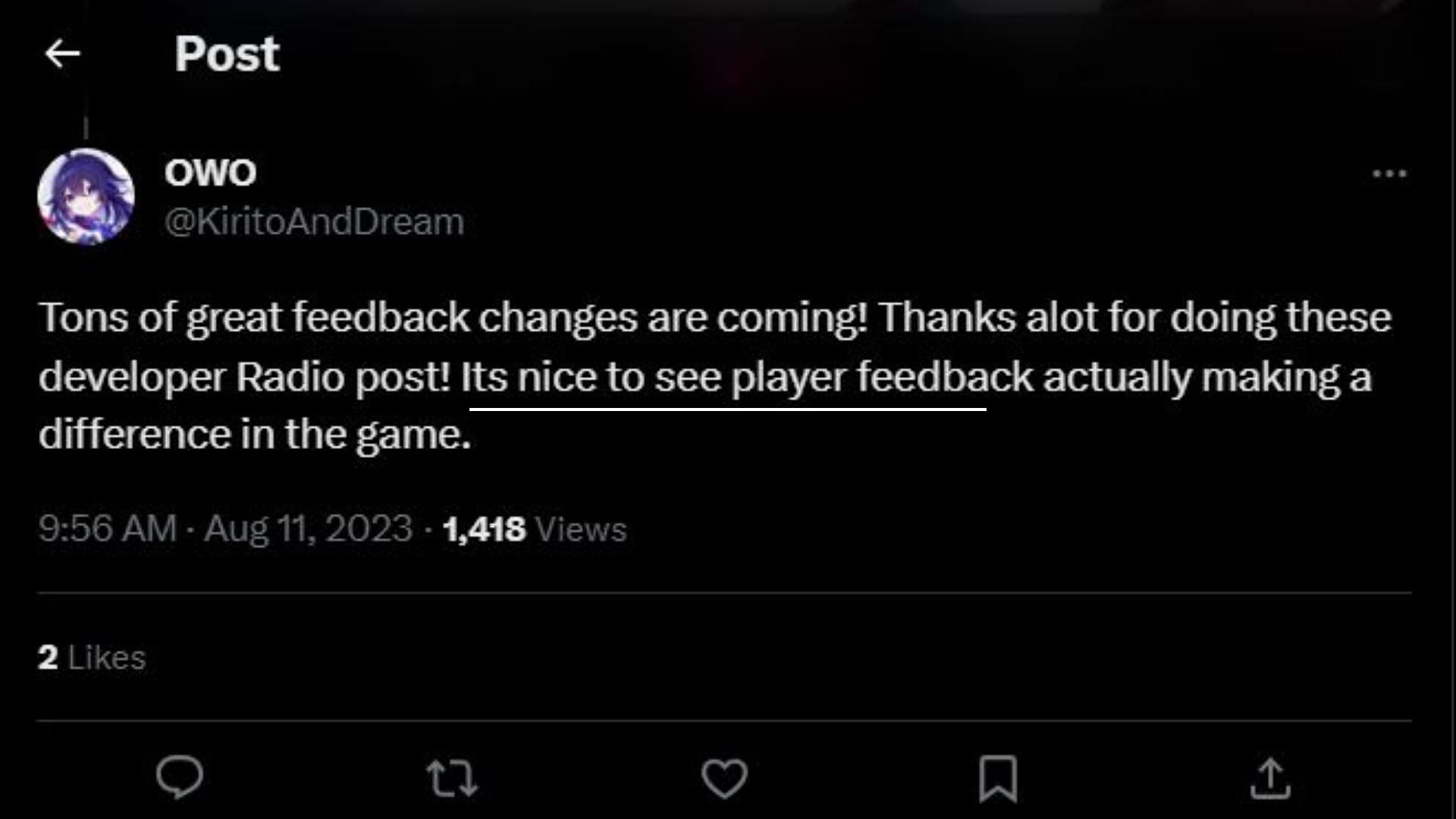 Players appreciate the upcoming changes mentioned in the Developer Radio vol. 2 (Image via Twitter/KiritoAndDream)