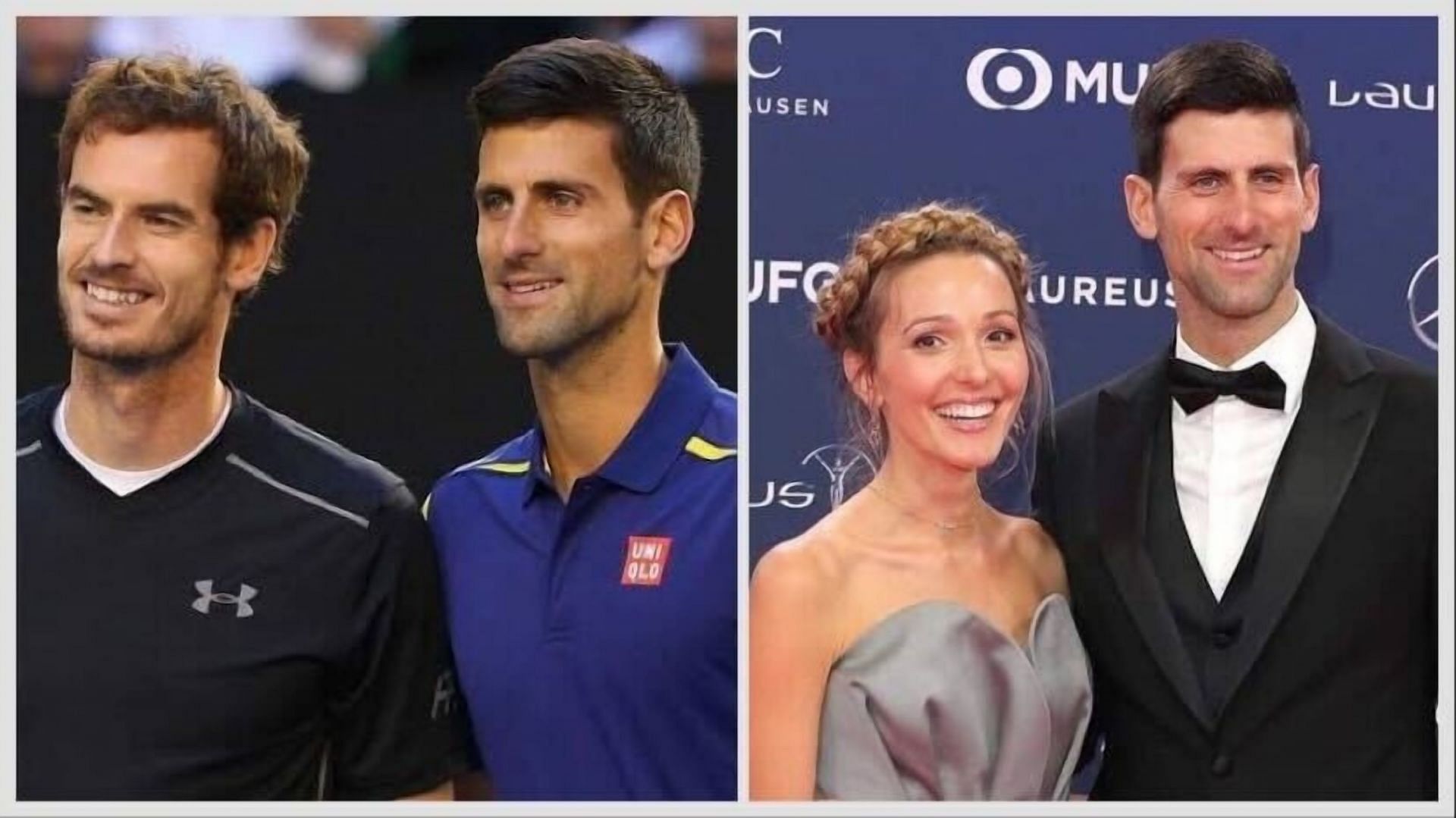 Novak Djokovic with Andy Murray (L) and Djokvic with his wife, Jelena (R)