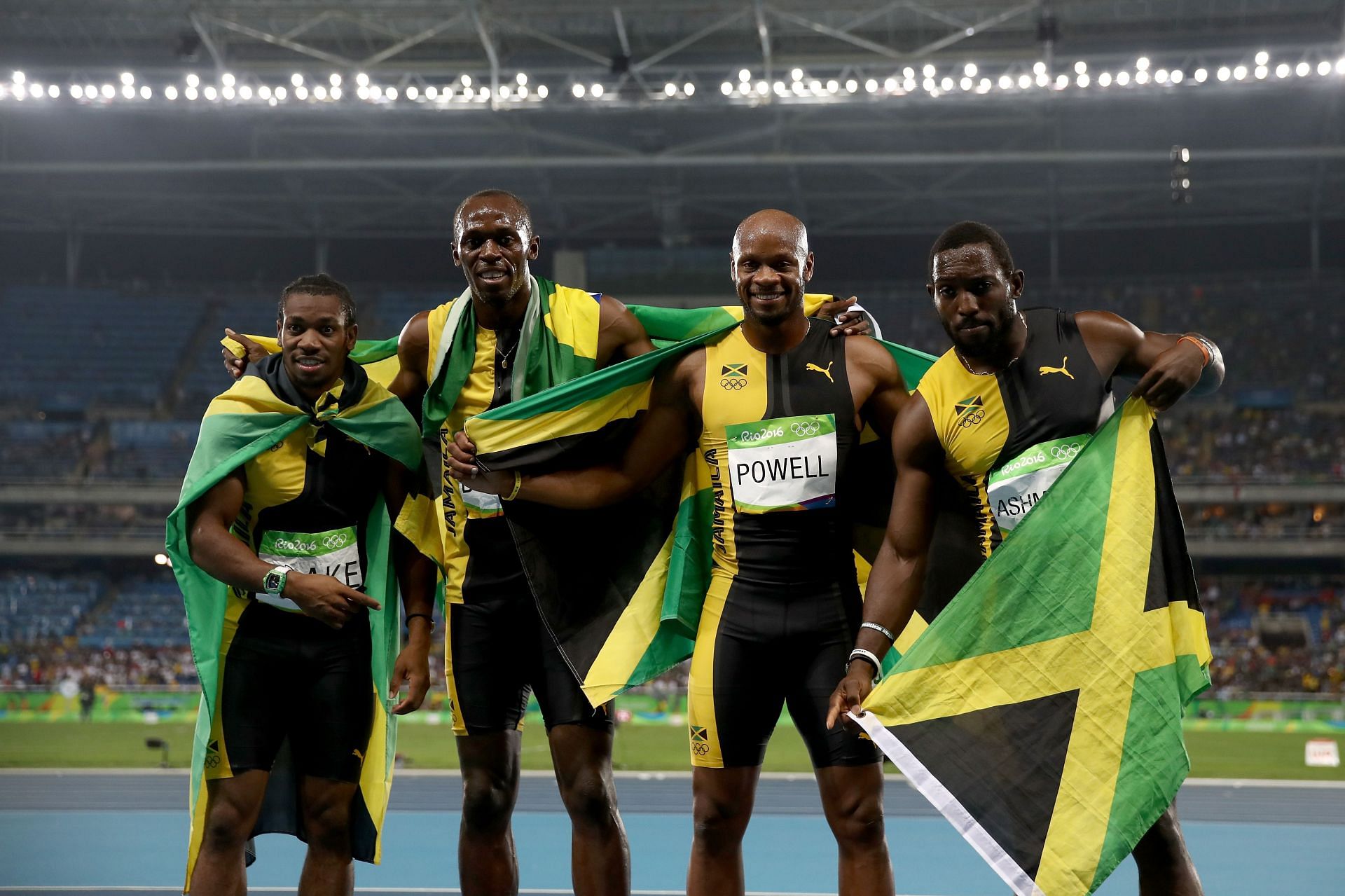 Nickel Ashmaeda, Usain Bolt, Yohan Blake, and Asafa Powell after winning the men&#039;s 4x100m at the 2016 Rio Olympics in Rio de Janeiro in Brazil