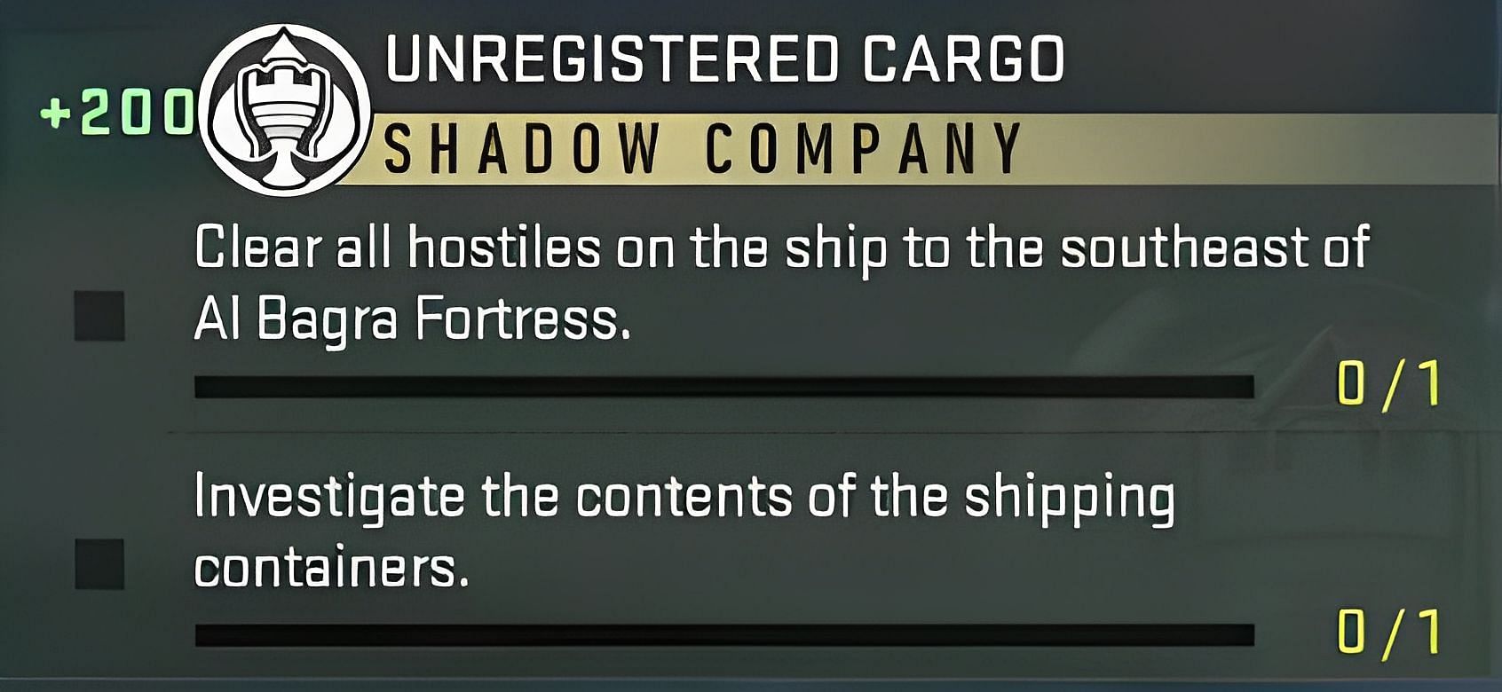 Tasks involved in the Unregistered Cargo mission (Image via Activision)