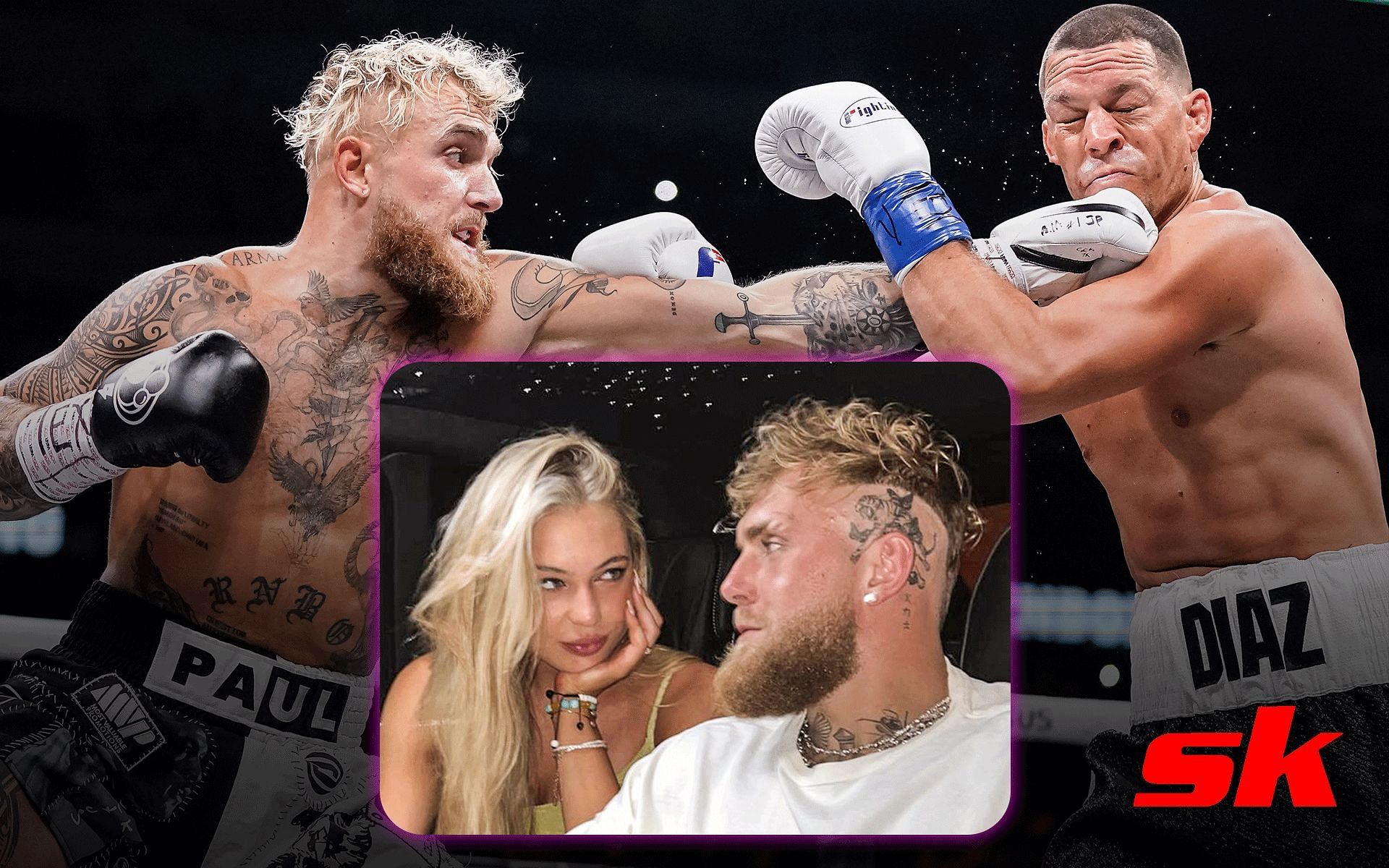 Foreground - Jake Paul and Jutta Leerdam, Paul vs Nate Diaz in action in the background [Images via @juttaleerdam Instagram and Getty Images]