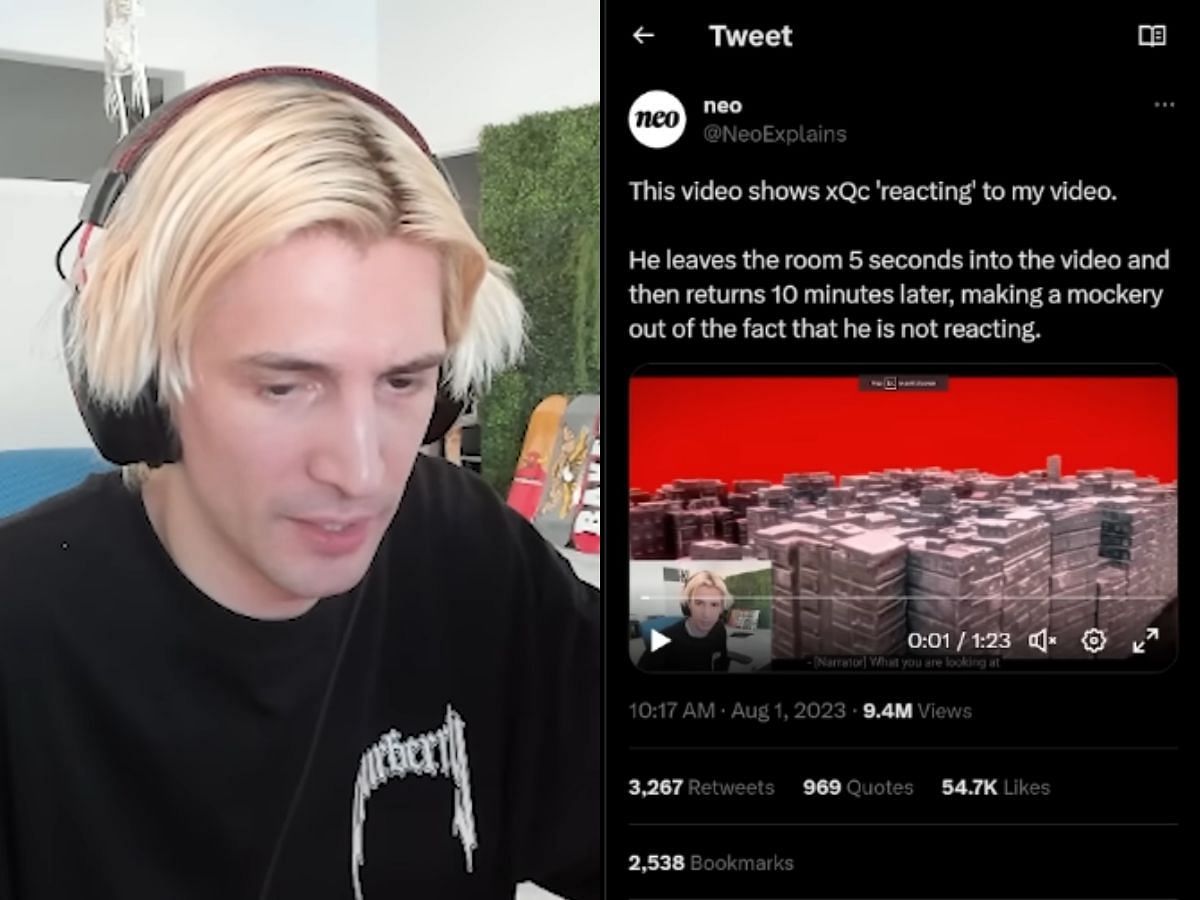 xQc reacts to Neo calling him out for going AFK while reacting to his video (Image via YouTube)