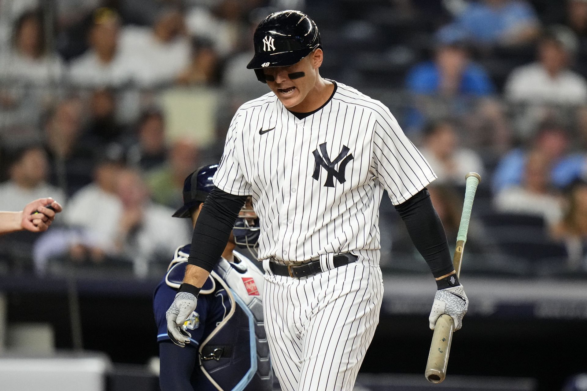 New York Yankees&#039; Anthony Rizzo reacts after striking out against the Tampa Bay Rays at Yankee Stadium