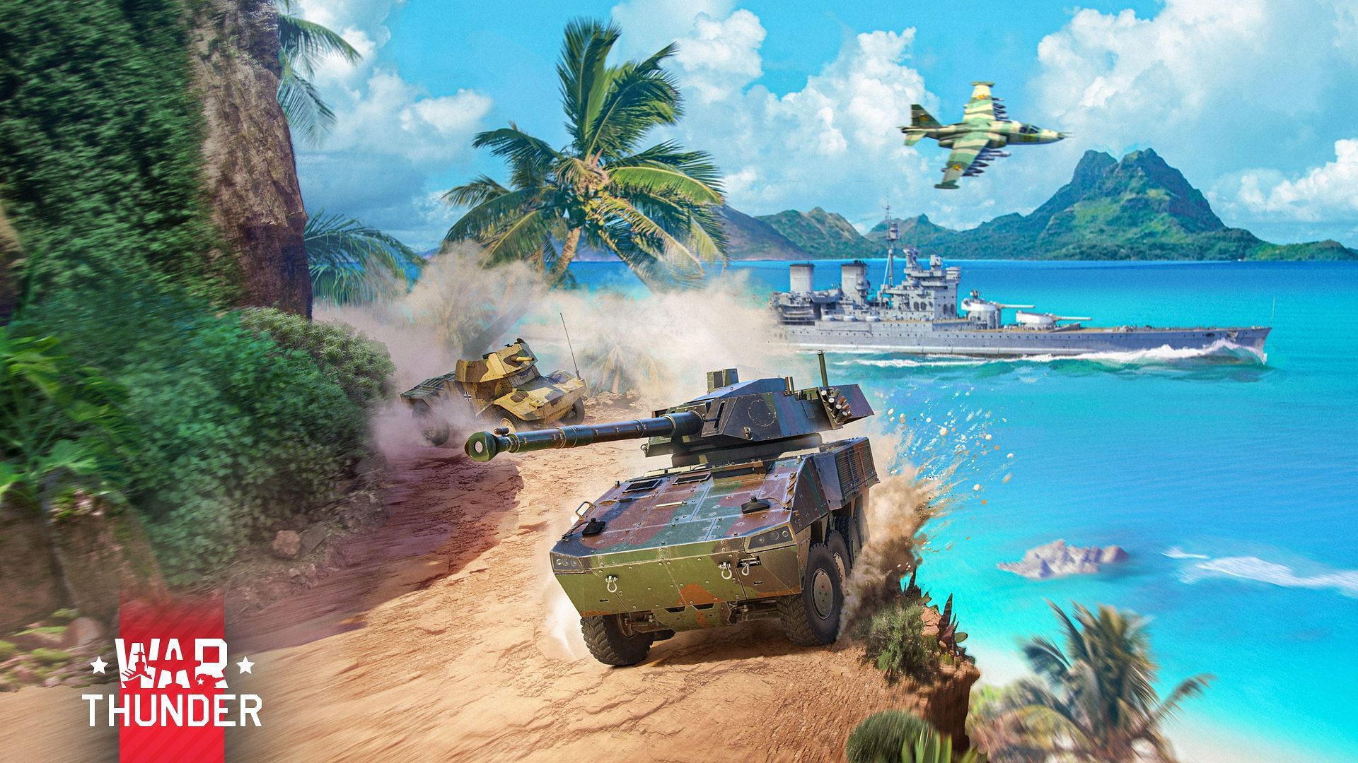 All War Thunder vehicles engaged in combat near a beach.