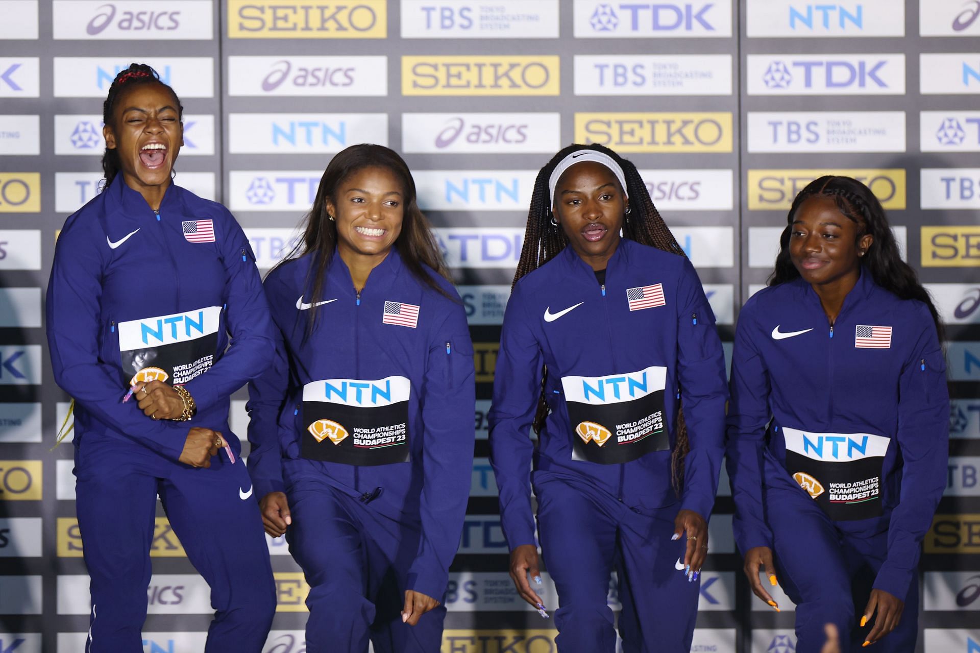 The US women&#039;s 4x100m relay team at Day 9 of World Athletics Championships Budapest 2023