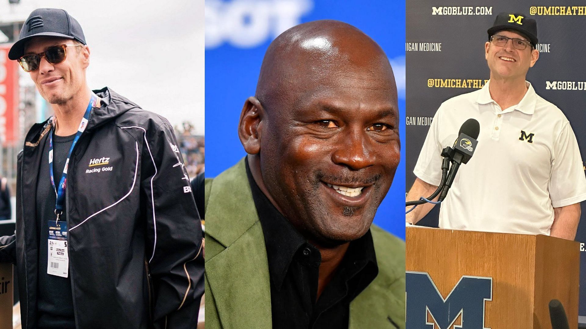 Tom Brady (L) auctions off time with Jim Harbaugh (R) on Michael Jordan