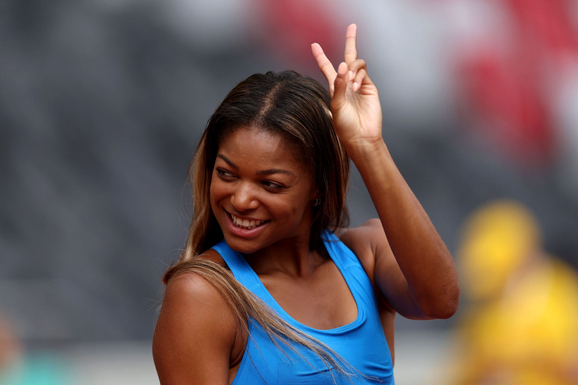 Gabby Thomas poses during the training session at the National Athletics Centre in Budapest, Hungary