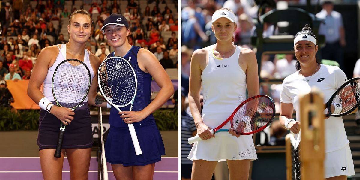 Iga Swiatek and Aryna Sabalenka (L), Elena Rybakina and Ons Jabeur (R)