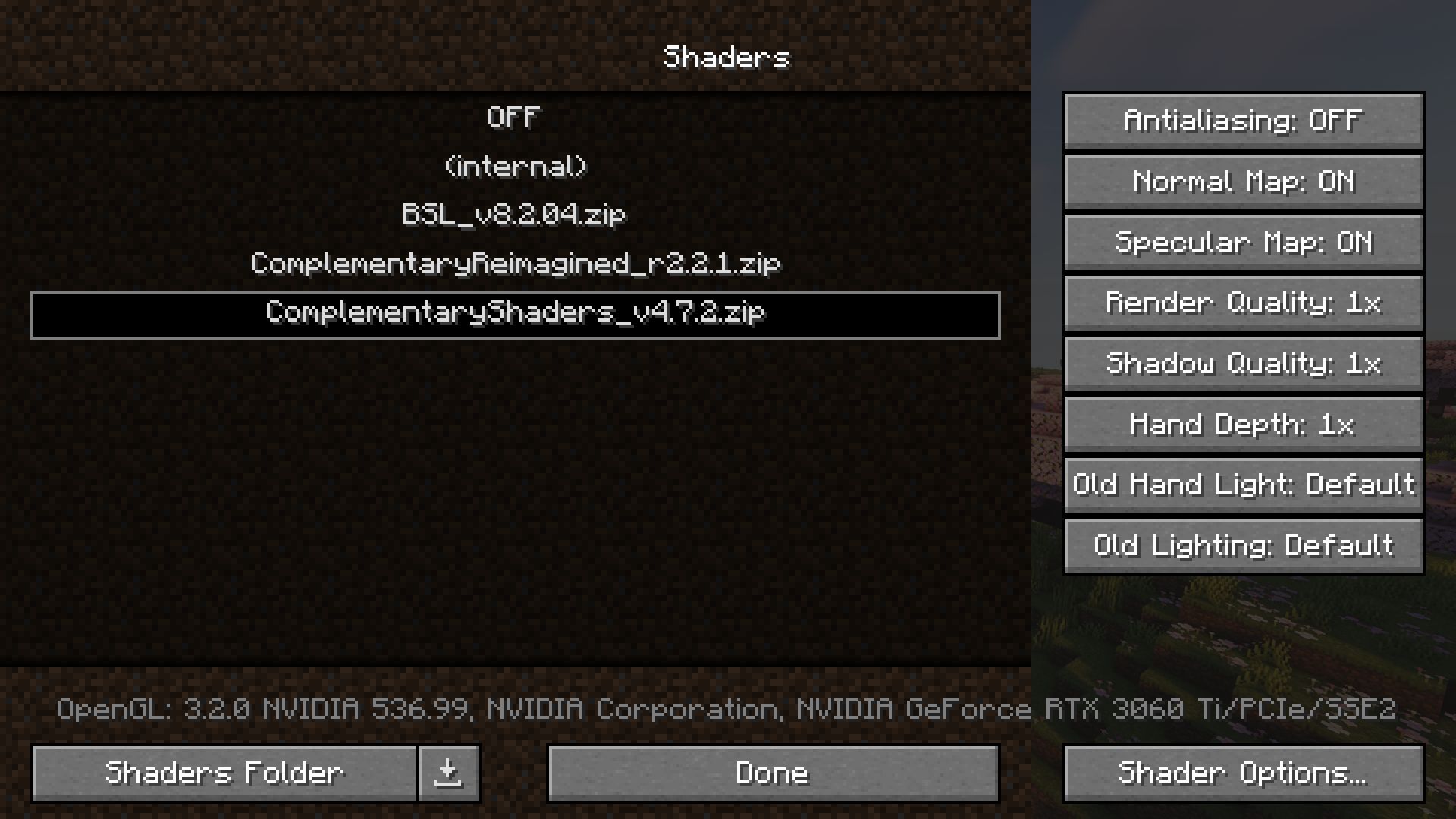 Shader selection screen (Image via Mojang)