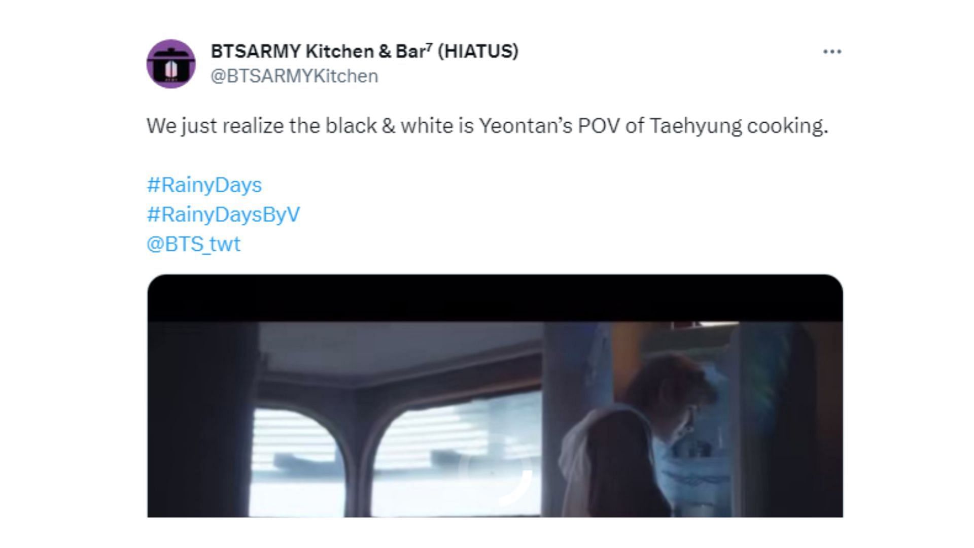 Taehyung&#039;s fans lavish praise on Rainy Days MV (Image via Twitter/@BTSARMYKitchen)