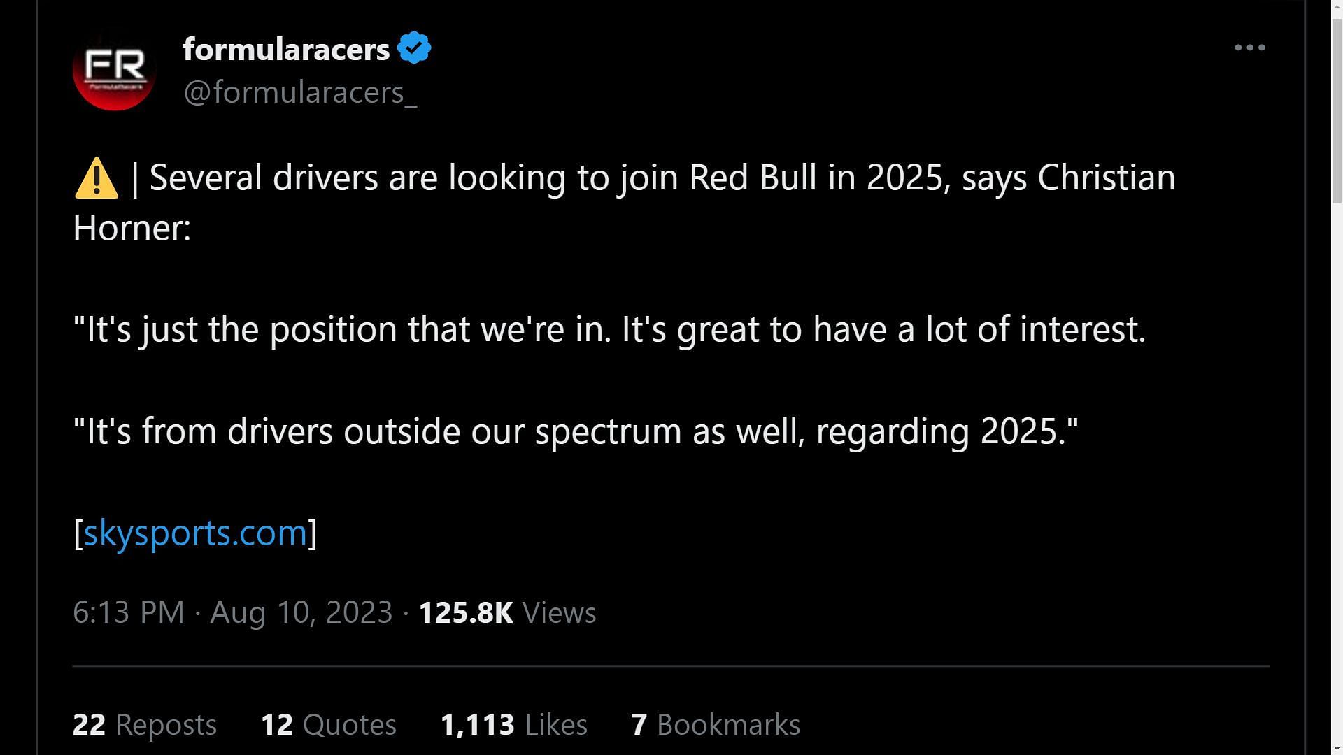 Tweet about Christian Horner hinting other drivers on his team&#039;s radar (Image via Sportskeeda)