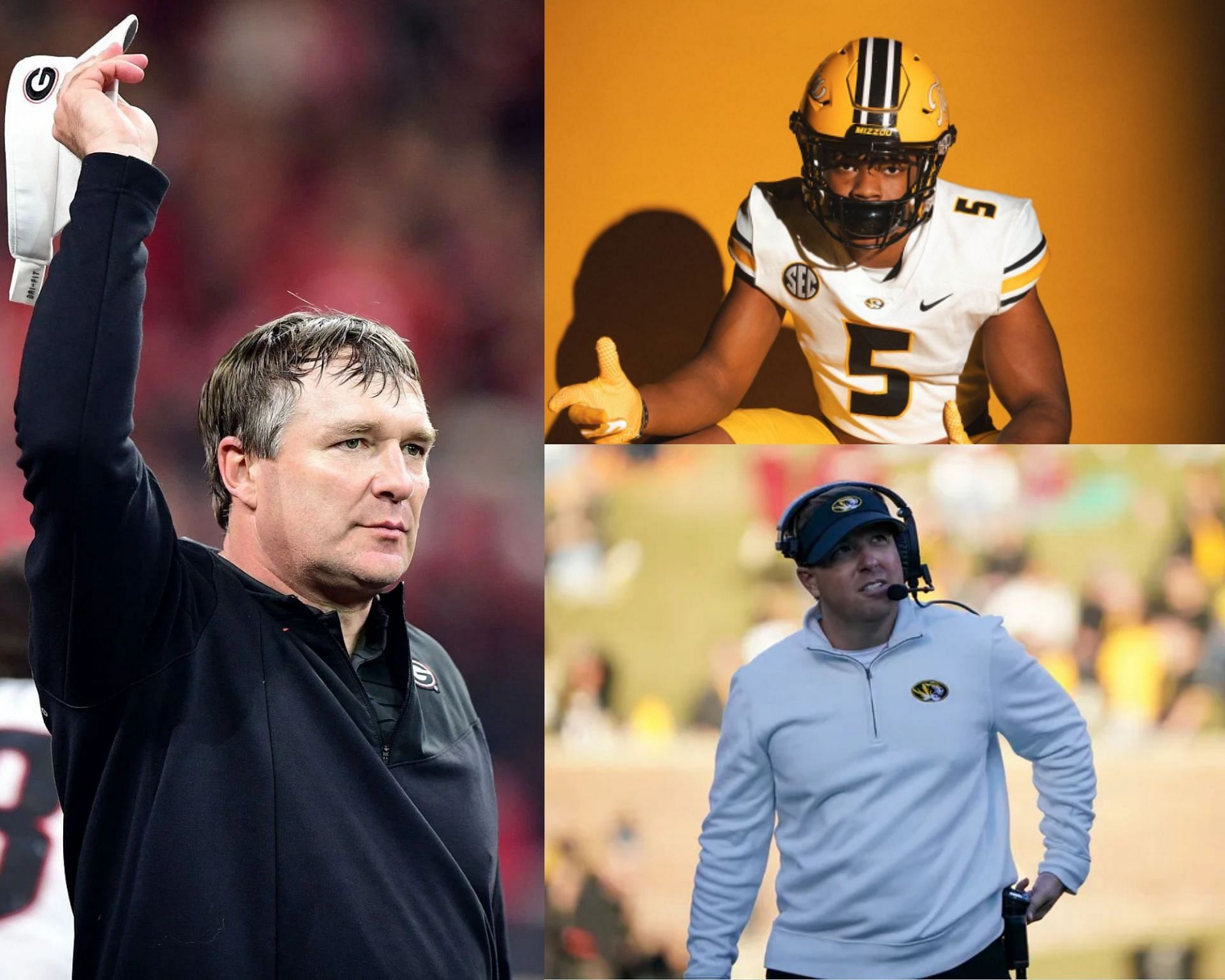 Coaches Kirby Smart, Eli Drinkwitz and prospect Nwaneri Williams