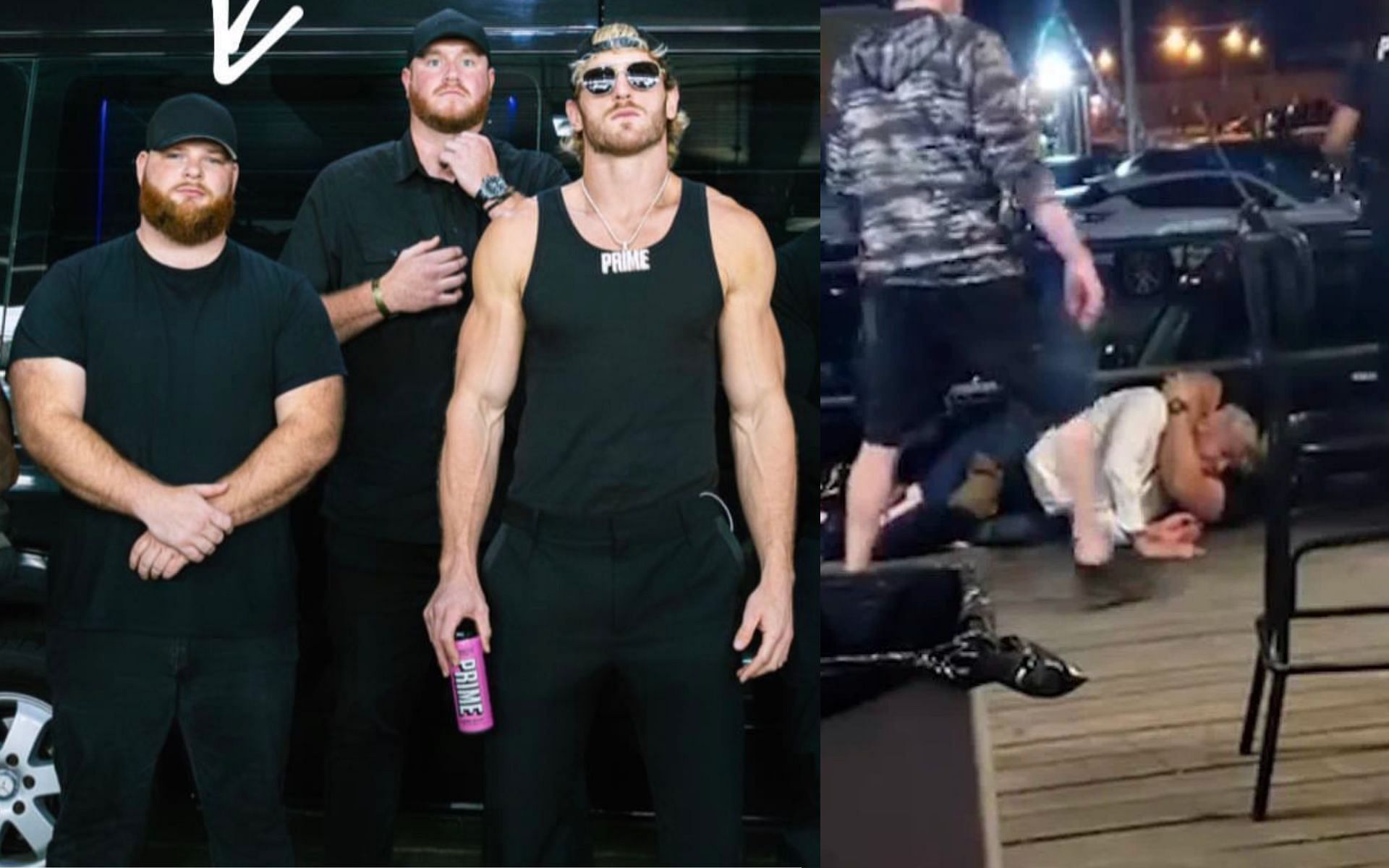 Logan Paul and the bouncer (left) and the bouncer choking Dillon Danis (right). [via Twitter @HappyPunch]