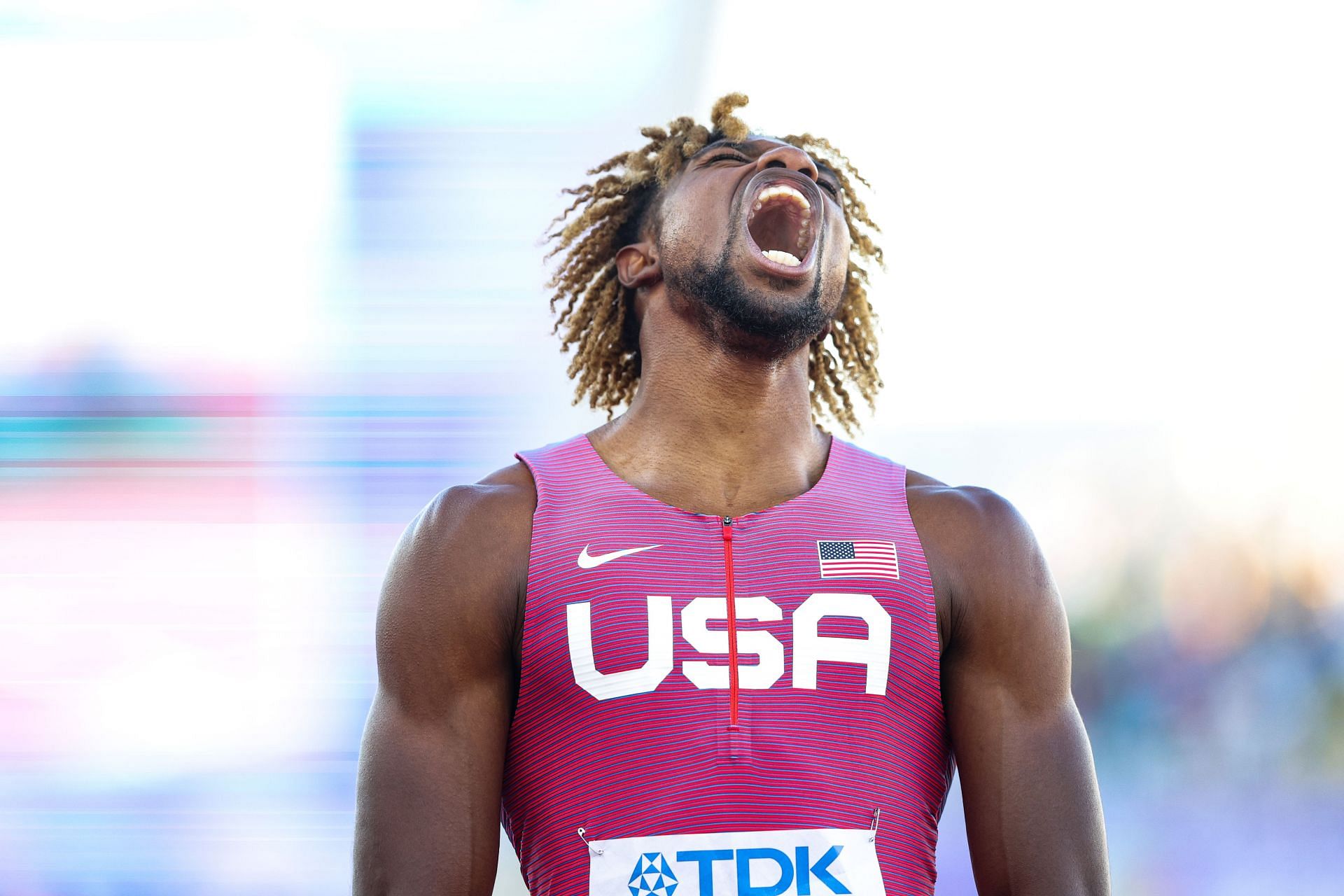 Noah Lyles after winning gold in men&#039;s 200m final at the 2022 World Athletics Championships at Hayward Field in Eugene