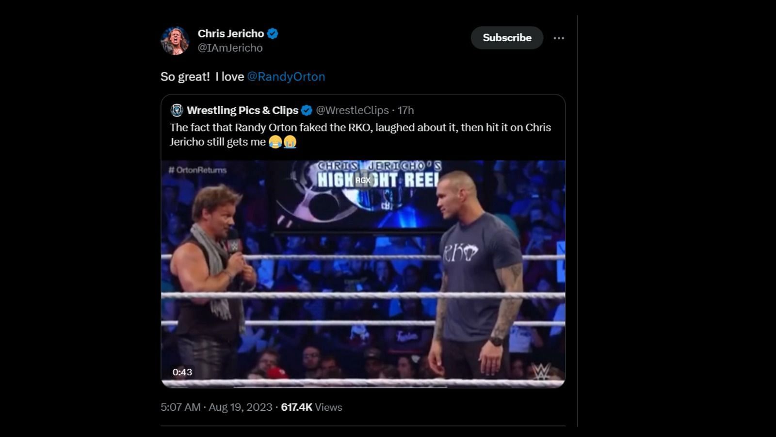 Chris Jericho reacts to his segment with Randy Orton in WWE.