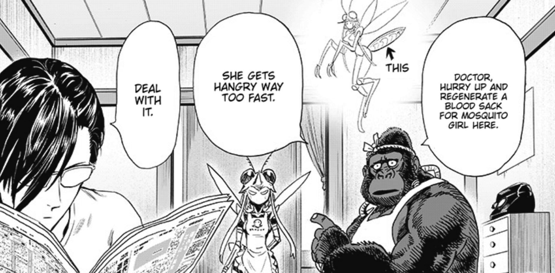 Dr. Genus, Mosquito Girl, and Armored Gorilla in One Punch Man manga (Image via Shueisha)