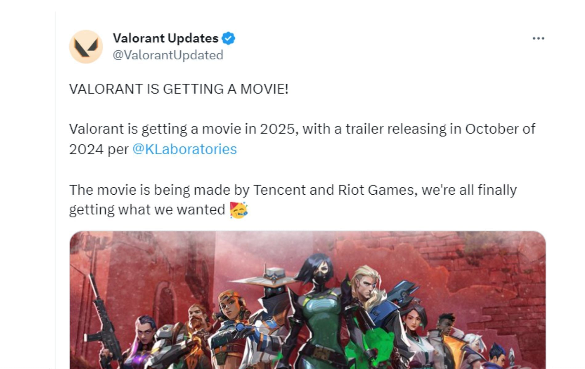 Valorant expected to get a movie in 2025 (Image via Twitter)