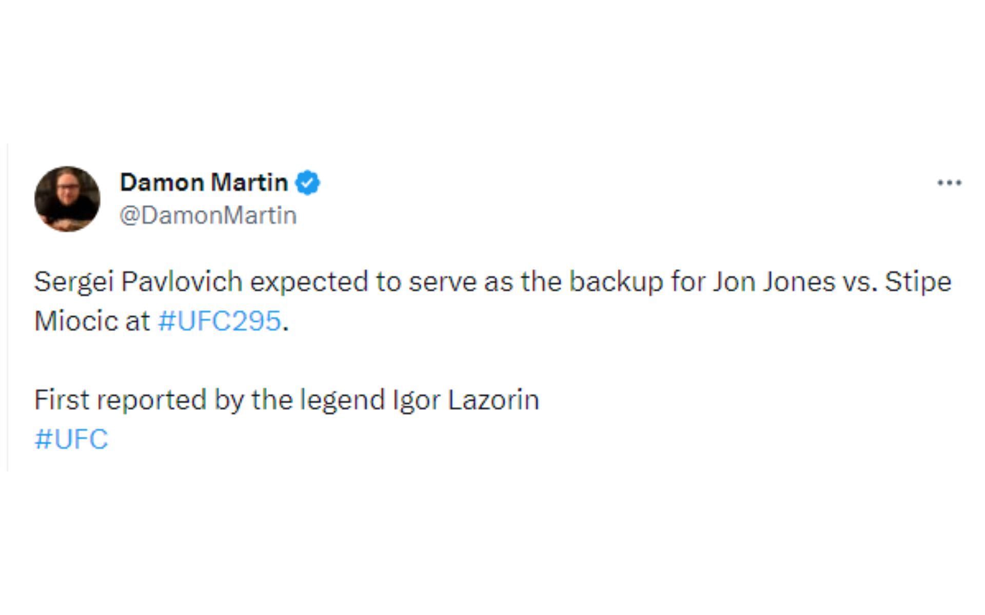 Damon Martin tweeted about a backup fighter for Jones vs. Miocic