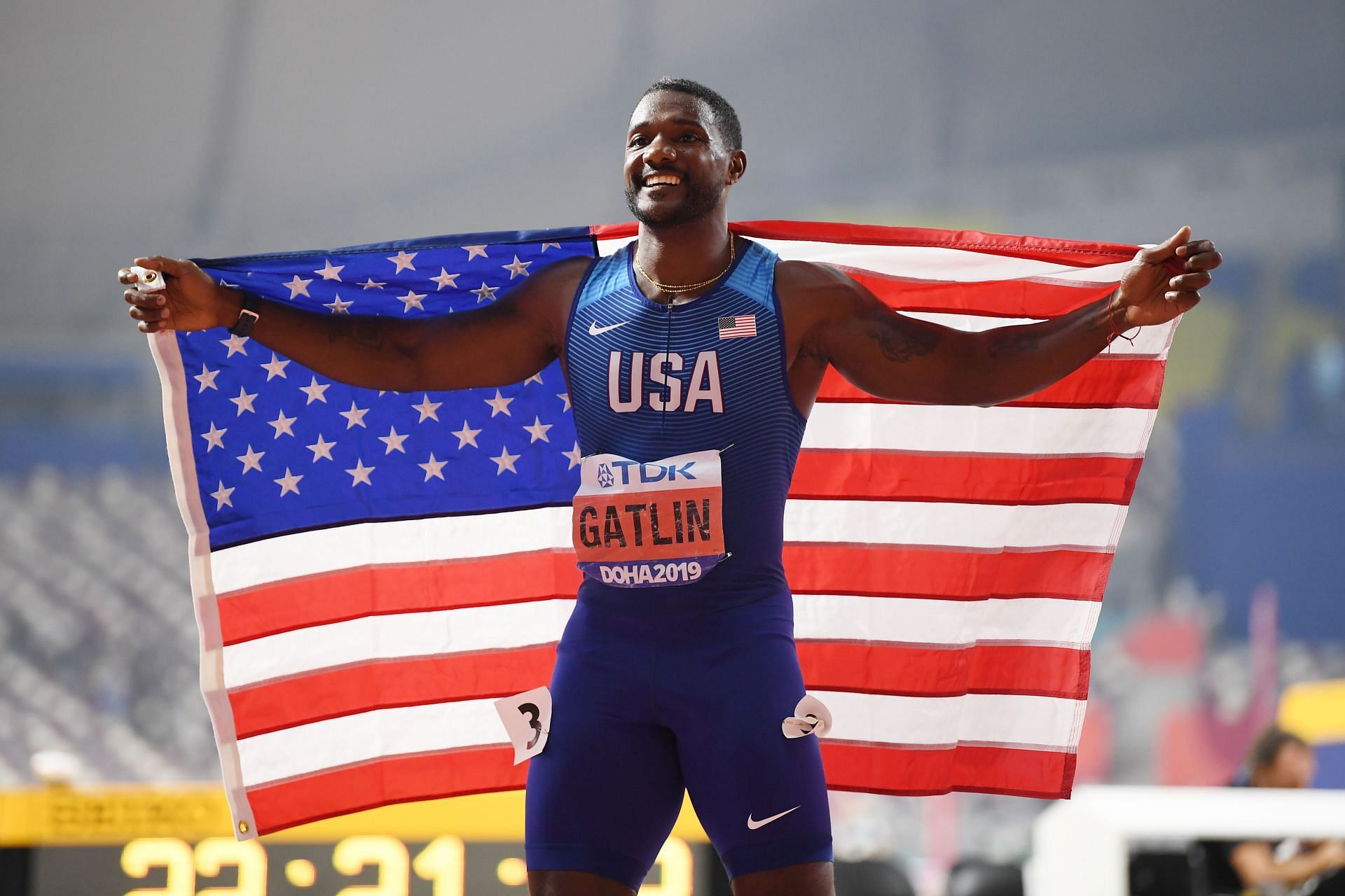 Justin Gatlin after winning the men&#039;s 100m at the 17th IAAF World Athletics Championships in 2019 in Doha, Qatar