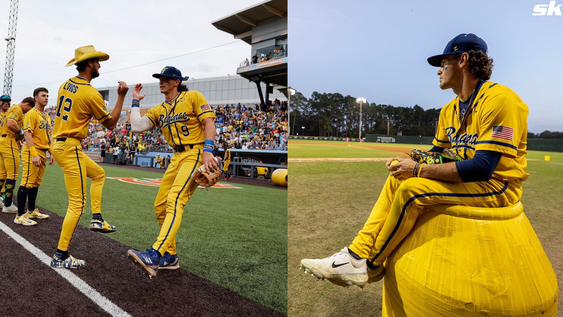 DR Meadows of the Savannah Bananas looks on against the Party Animals during their home opener at Grayson Stadium on February 2023