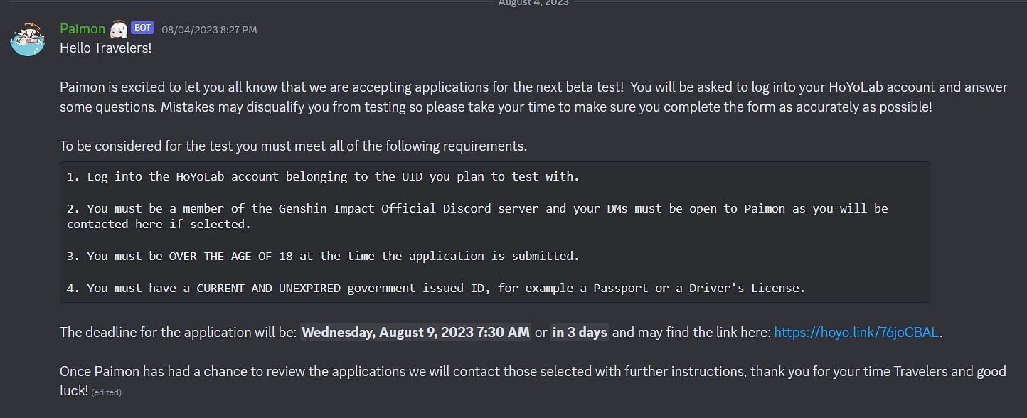 The official Discord announcement for 4.1 Beta test (Image via Discord/Genshin Impact)