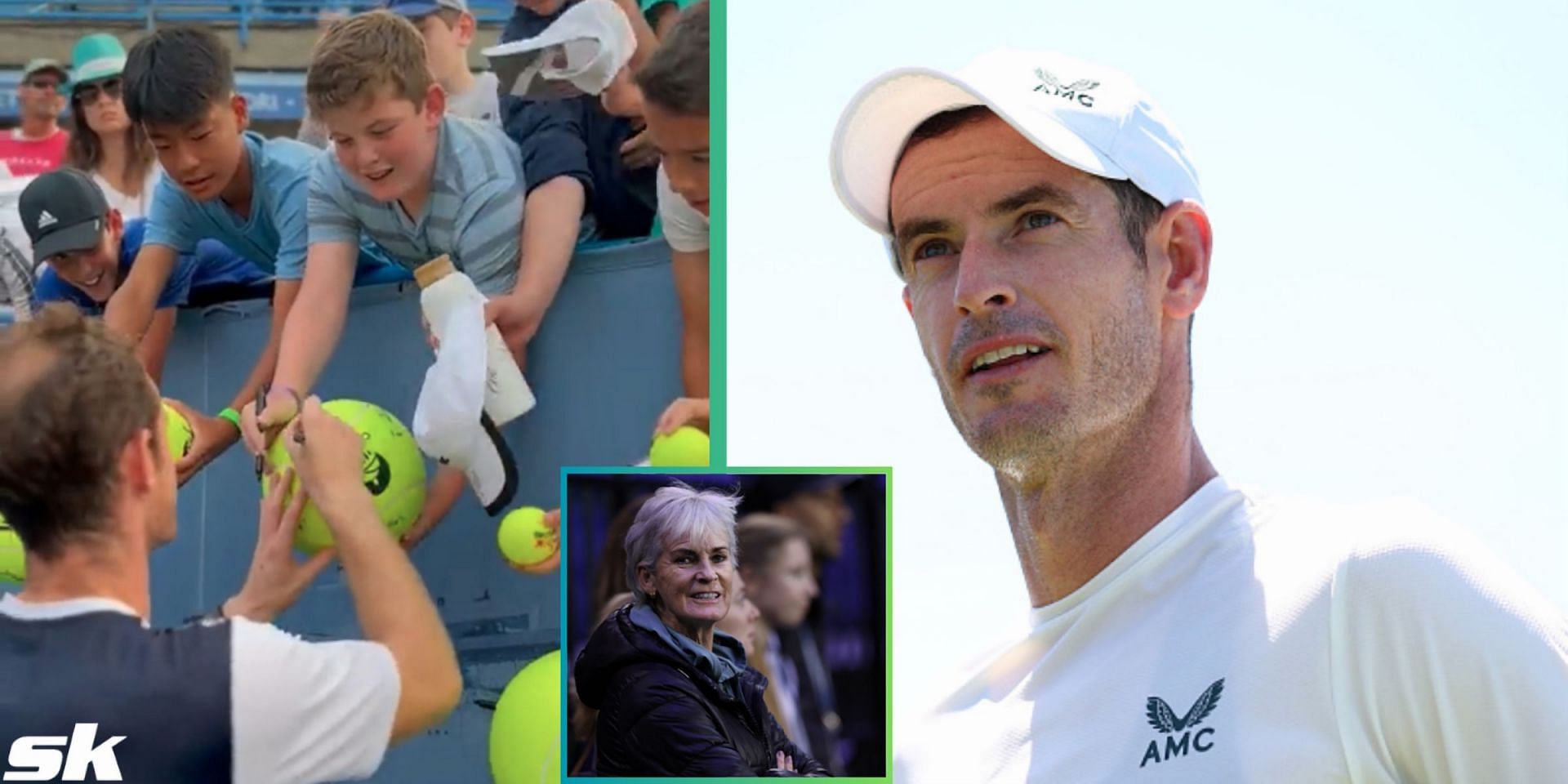 Andy Murray signing memorabilia and Judy Murray (inset)