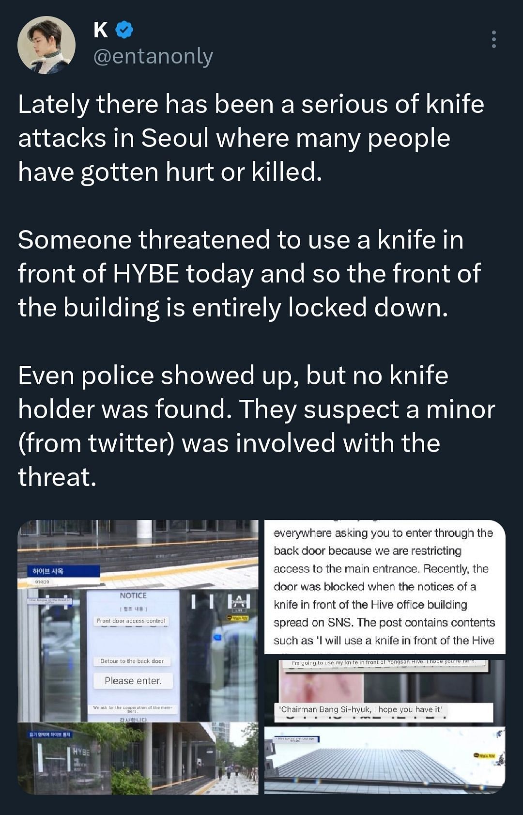 About Knife Threat at HYBE (Image via etanonly @Twitter)