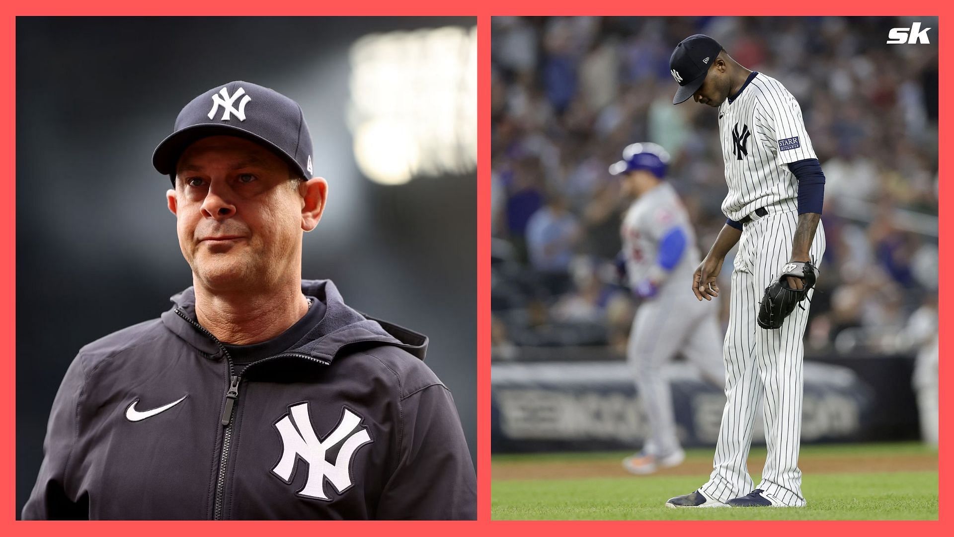 Aaron Boone puts on a Yankees cap and jersey after the New York