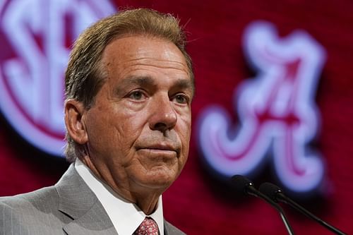 Alabama head coach Nick Saban speaks during NCAA college football Southeastern Conference Media Days