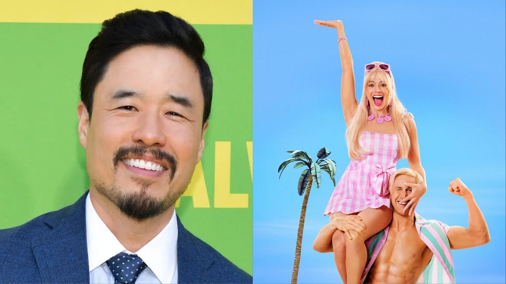 Randall Park and the Barbie poster. (Photo via Getty Images, @lawakboxd/Twitter)