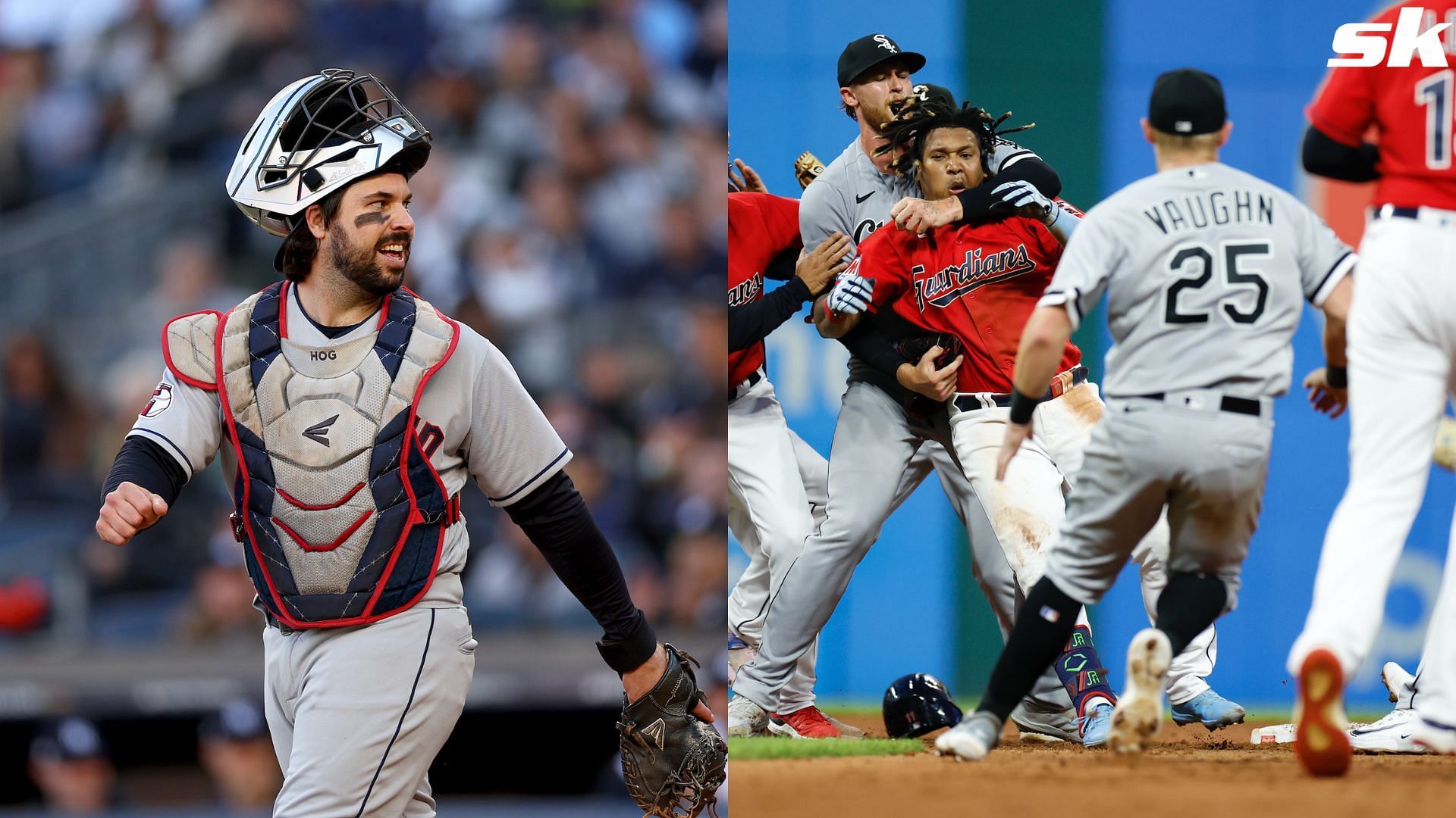 Austin Hedges of the Texas Rangers and Jose Ramirez of the Cleveland Guardians