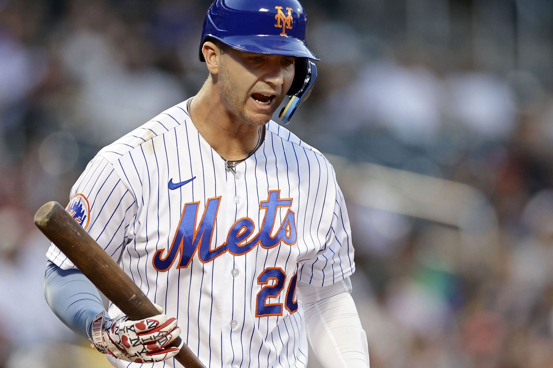 New York Mets&#039; Pete Alonso reacts after striking out against the Atlanta Braves in New York