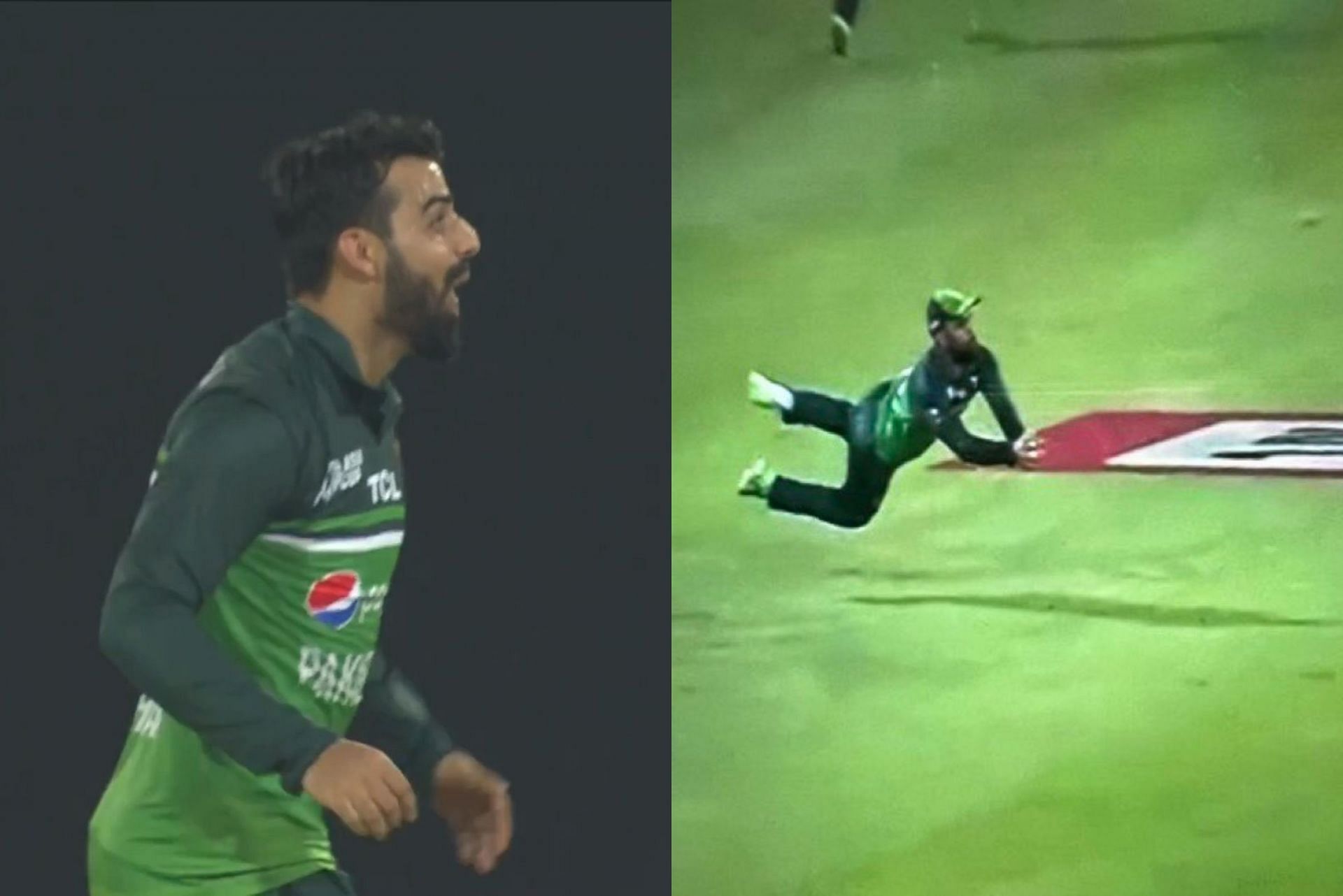 Shadab Khan in awe of Fakhar Zaman as he finished a magnificent catch. 