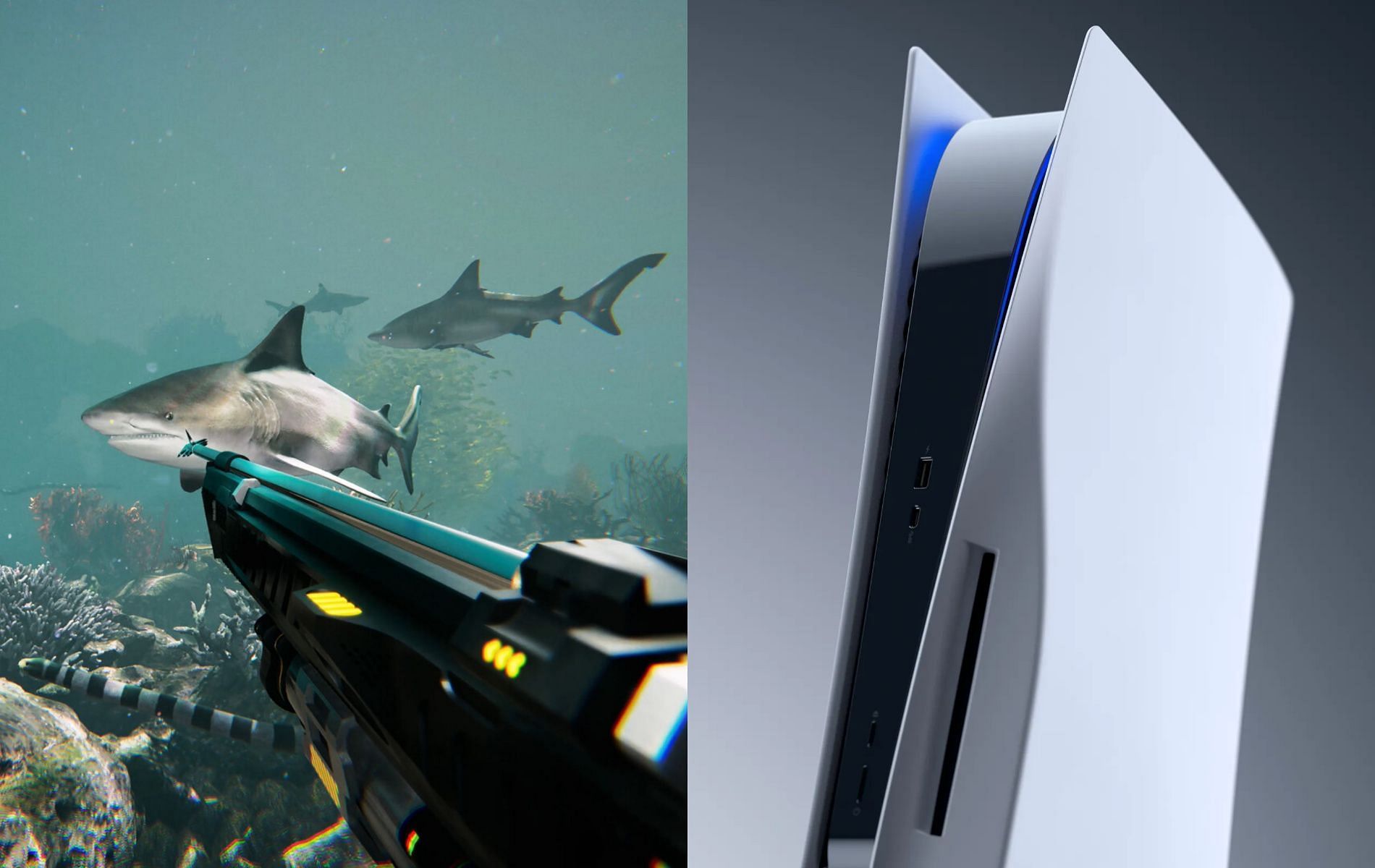 Cover art featuring official promotional images for Death In the Water 2 and the PlayStation 5 home console respectively