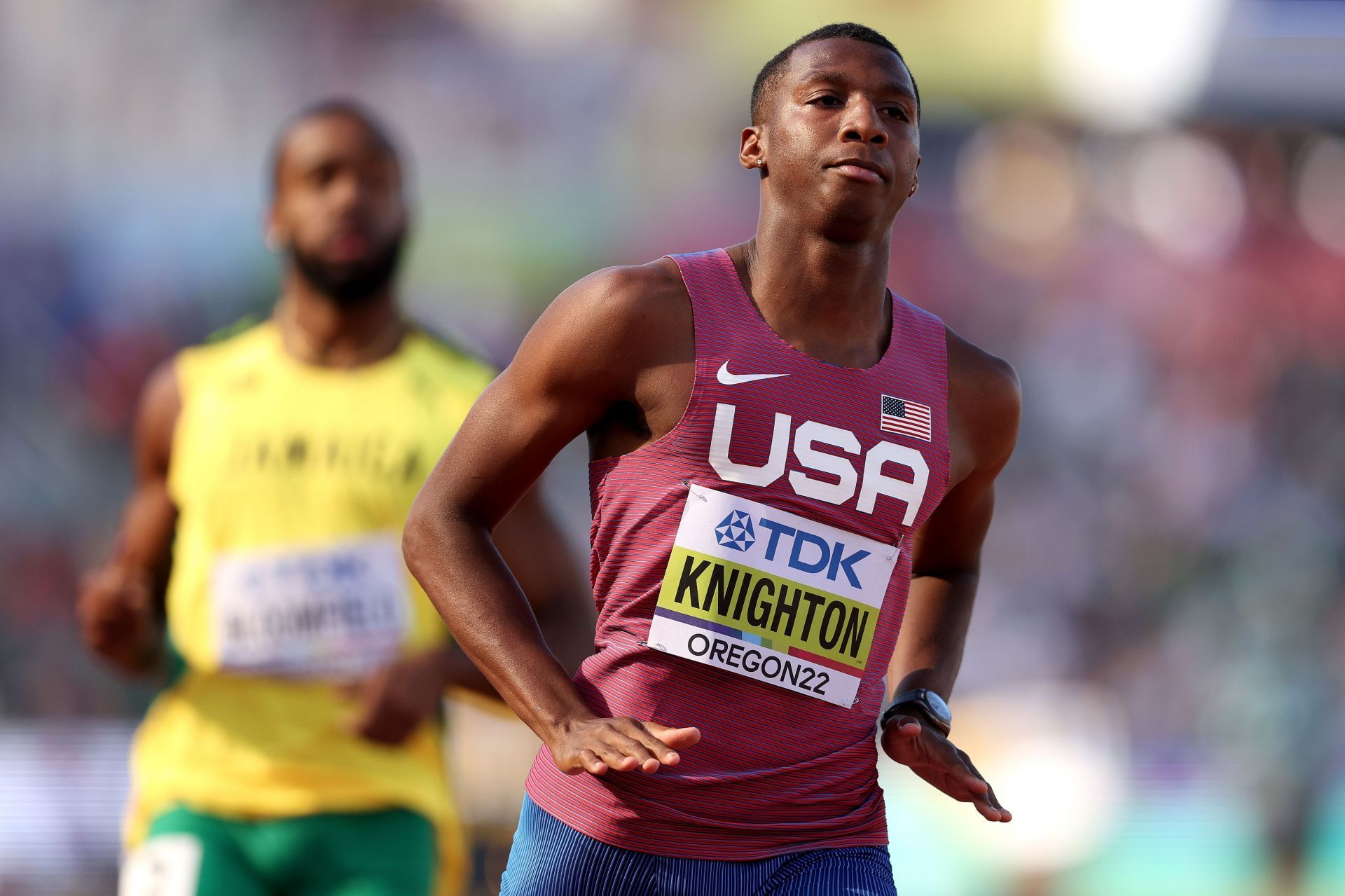 Erriyon Knighton reacts after competing in the men&#039;s 200m at the 2022 World Athletics Championships held at Hayward Field in Eugene, Oregon