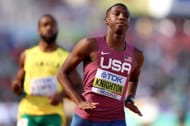 Erriyon Knighton reacts after competing in the men's 200m at the 2022 World Athletics Championships held at Hayward Field in Eugene, Oregon