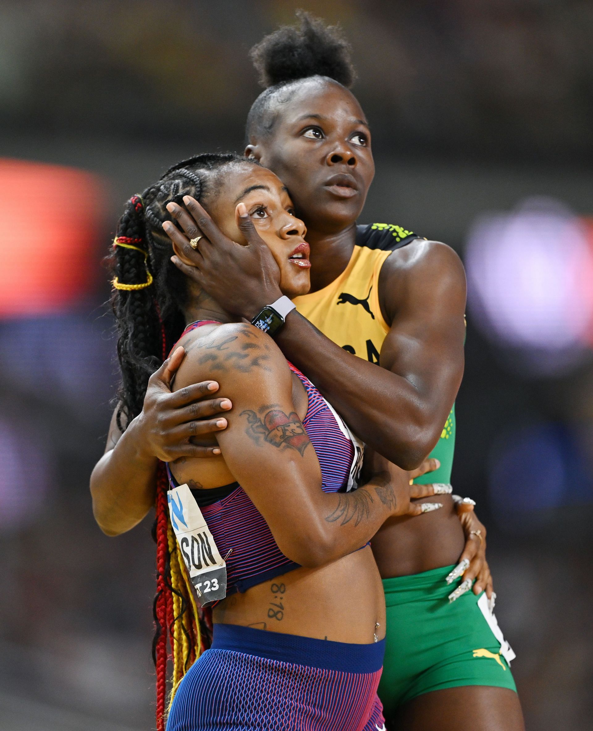 Shericka Jackson hugging Sha&#039;Carri Ricardson at Day 6 of World Athletics Championships Budapest 2023