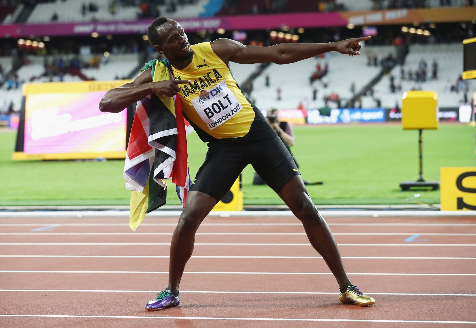 Usain Bolt after winning third place in the men&#039;s 100m at the 16th IAAF World Athletics Championships in London, United Kingdom