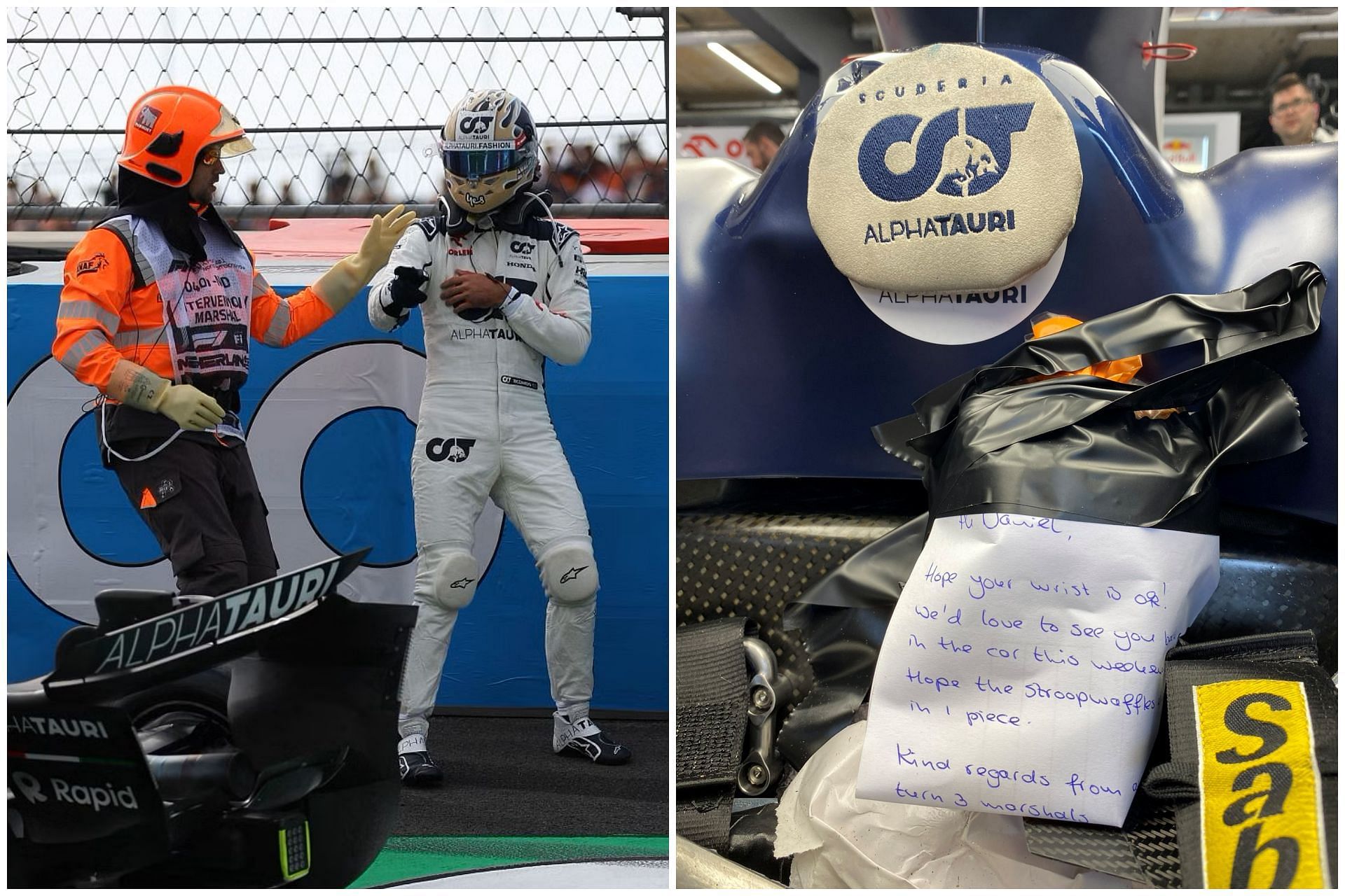 Turn three marshals at Zandvoort sent Daniel Ricciardo a stroopwafel, wishing him a speedy recovery after crash during pracitce session at the 2023 F1 Dutch Grand Prix (Collage via Sportskeeda)