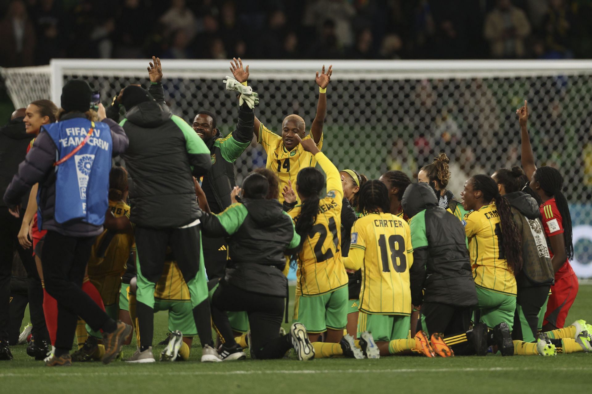 Jamaican footballers celebrate after the Women&#039;s World Cup Group F soccer match between Jamaica and Brazil in Melbourne, Australia