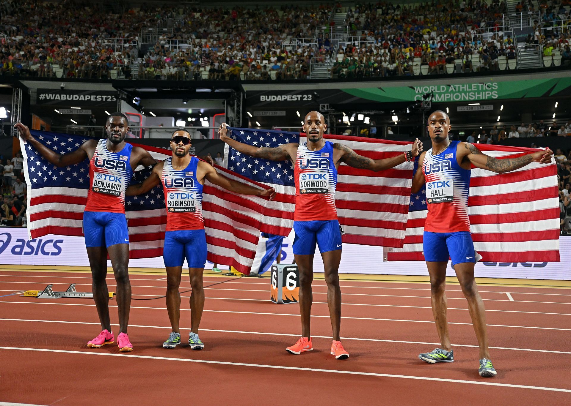 Gold medalists Rai Benjamin, Justin Robinson, Vernon Norwood and Quincy Hall of Team United States during Day 9 of the 2023 World Athletics Championships